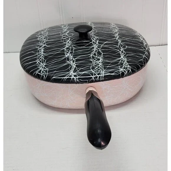 1950's Vintage Serendipity Spaghetti String Pink & Black Abstract Enamel Skillet - Picture 3 of 16